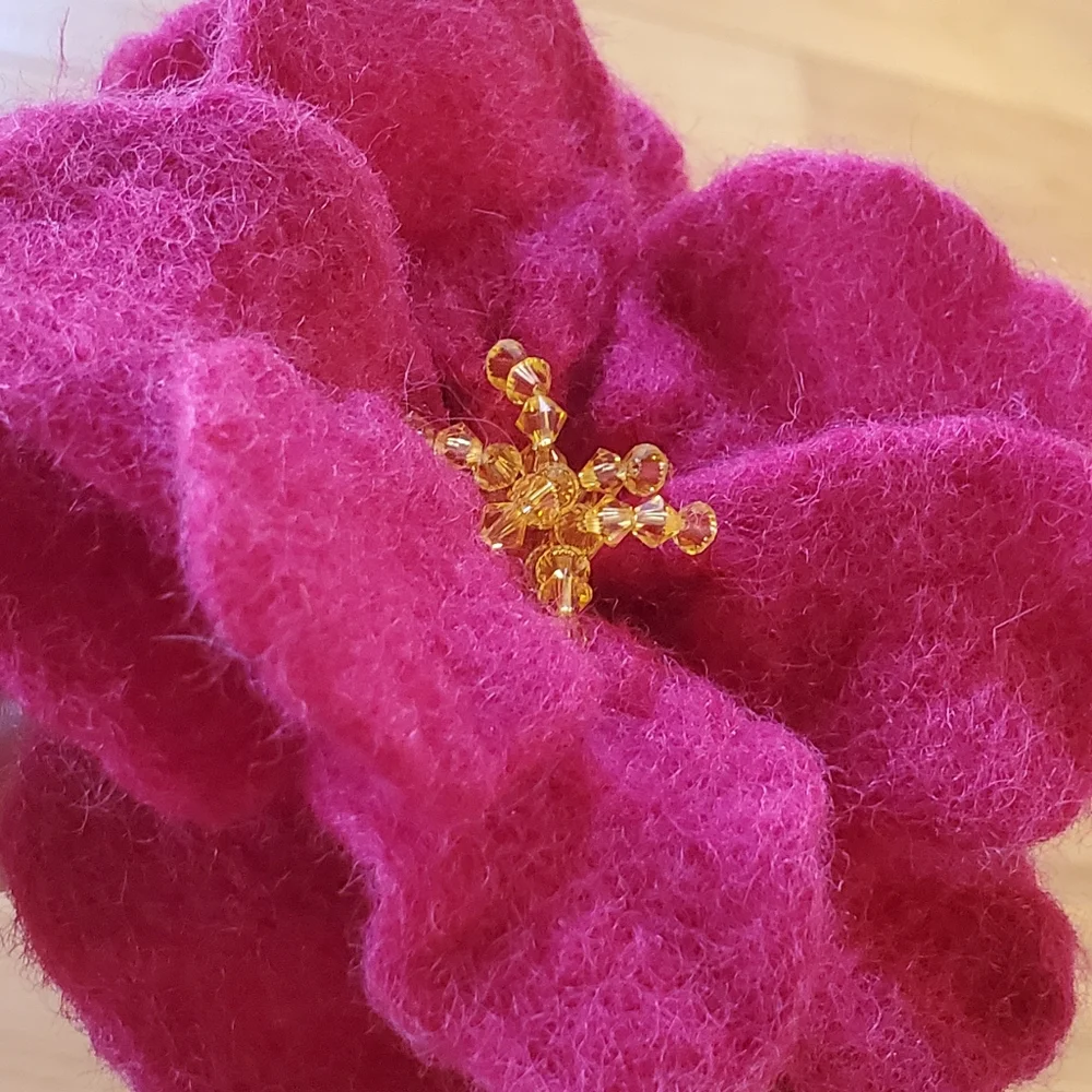 Handmade wool swarovski crystals large hot pink flover brooch and hair decor